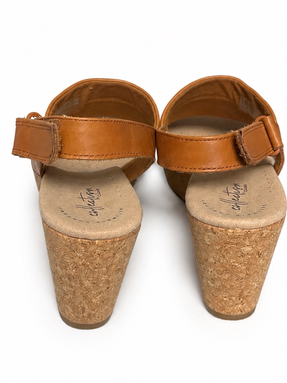 Clarks Collection Artisan Tan Leather Wedge Sandals Women’s 9.5 Cork Heel - Picture 2 of 4